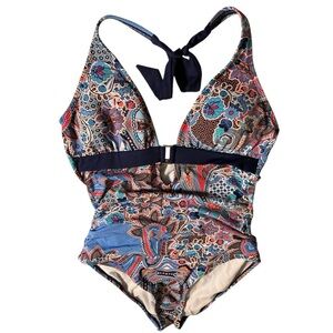 Halter tie one piece plunge neckline women’s swim suit blue red white paisley 12